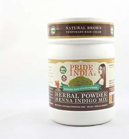 Pride Of India - Herbal Henna & Indigo Mix Hair Color Powder w/Gloves - Natural Brown, Half Pound (227 Grams) - Beauty